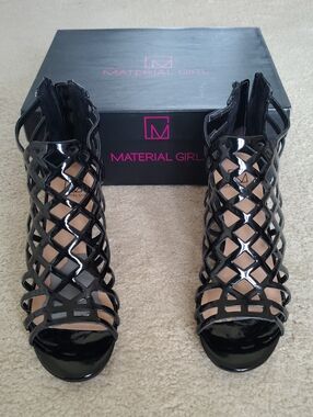 Material Girl Black Patent Lattice Peep-Toe Cage Heels